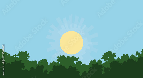 Sun rising over trees yellow orb surrounded by faint rays in a light blue sky Forest silhouette at the bottom