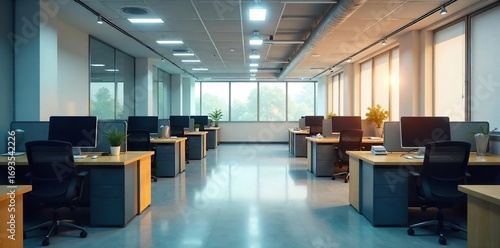 Empty office desks, closed doors, deserted hallways suggest a company downsizing or relocation A sense of quiet emptiness prevails in this post-occupancy scene , architecture, economy