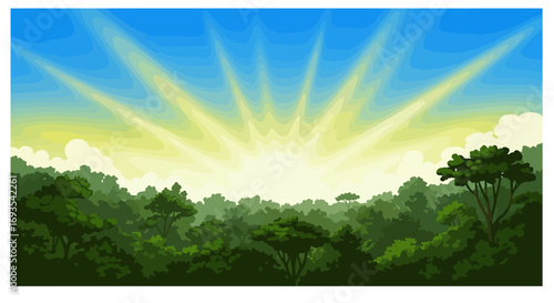Sunlight breaks through a forest canopy illuminating the dense green foliage below