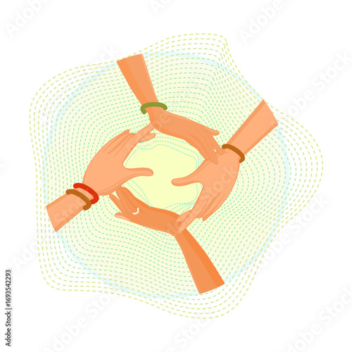 Multiracial human hands make circle with blank space in the middle representing unity.