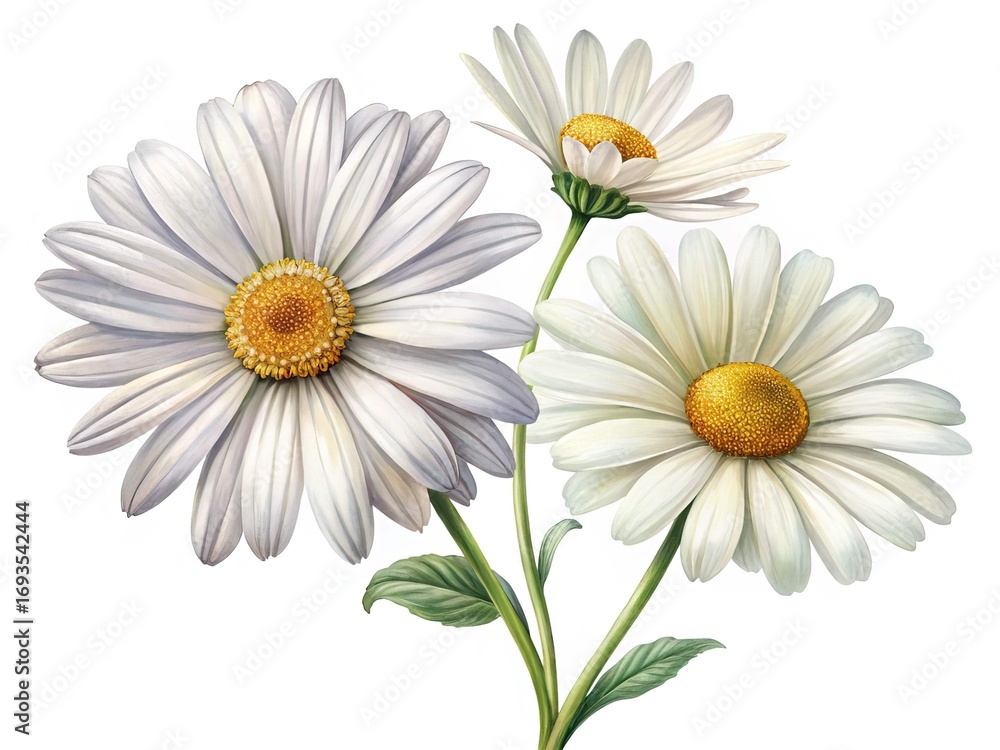 Obraz premium Three White Daisies with Yellow Centers on a White Background, Beautiful Still Life