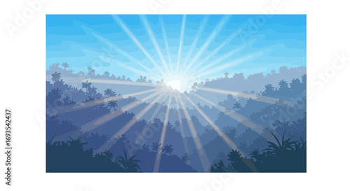 Sunlight streams through a jungle with palm trees and various other lush vegetation under a light blue sky
