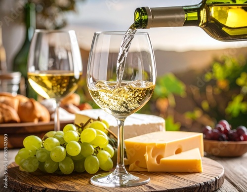グラスに注がれている白ワインとチーズと葡萄	