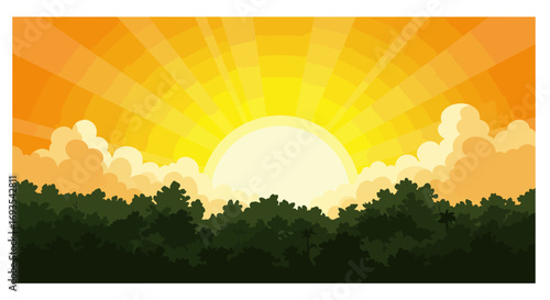 Sunrise illuminates silhouetted trees and fluffy clouds in a stylized landscape