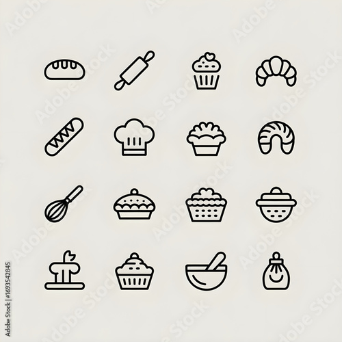 Bakery and Pastry Icons Set for Cakes, Breads, and Baking Supplies