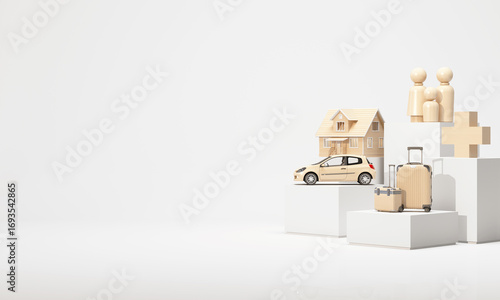 Minimal 3D render with house, car, family, luggage, and medical cross on podiums showing insurance, savings, and lifestyle planning 3d rendering.