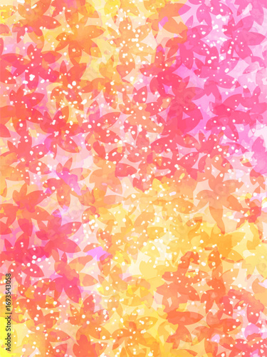 秋の紅葉のイメージの背景素材。水彩風テクスチャー。紅葉の葉っぱのシルエット全面。かわいい色調。ふんわりした光の輝き。コピースペース。たて長構図