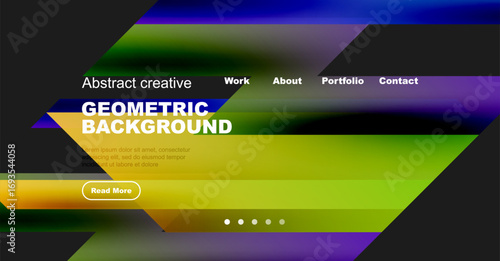 Modern website mockup. Vibrant colors, geometric shapes, text overlay. Navigation menu present, button visible. Clean design.