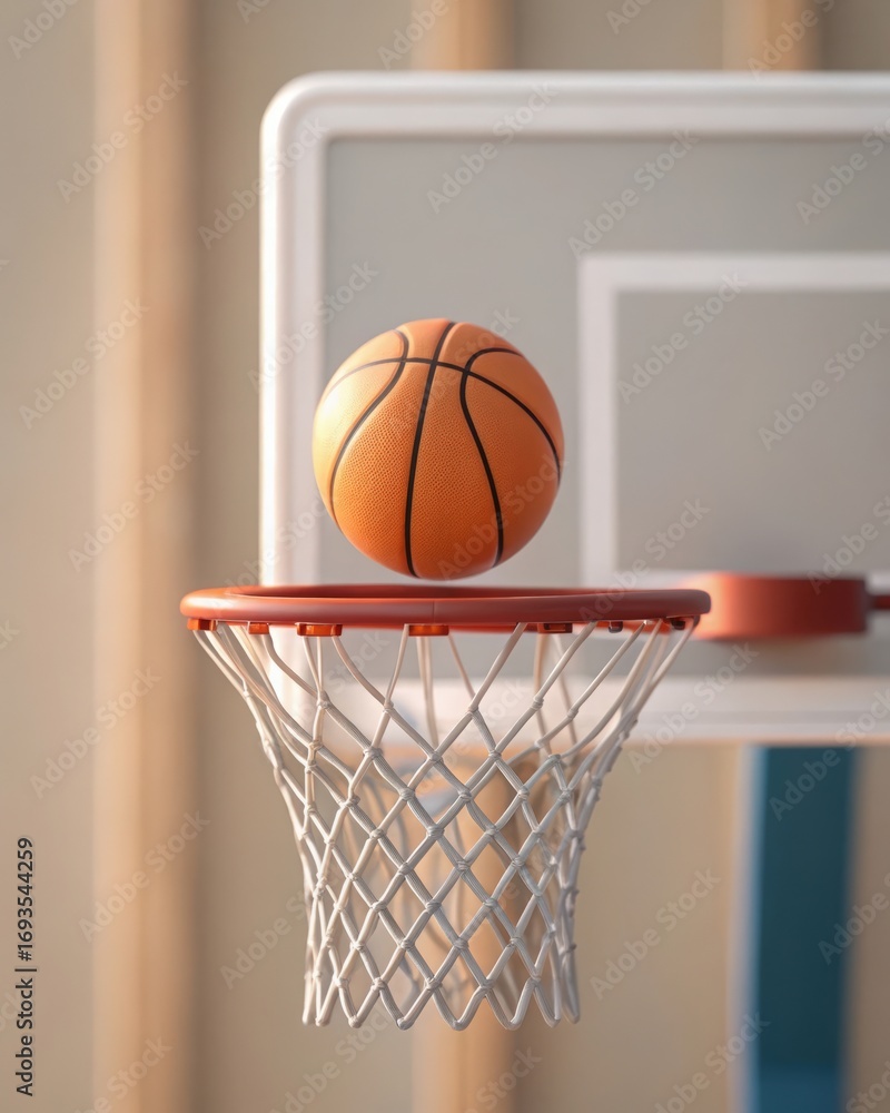 Fototapeta premium Miniature orange basketball hovering above a white net on a red hoop