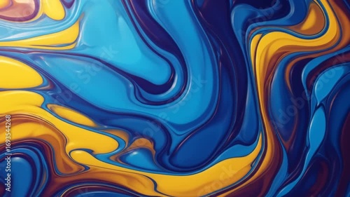 Swirling abstract of blue and yellow paint with glossy finish