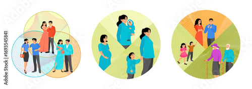 Couples Representing of Relationships. Motherhood Journey. Various Life Stages.