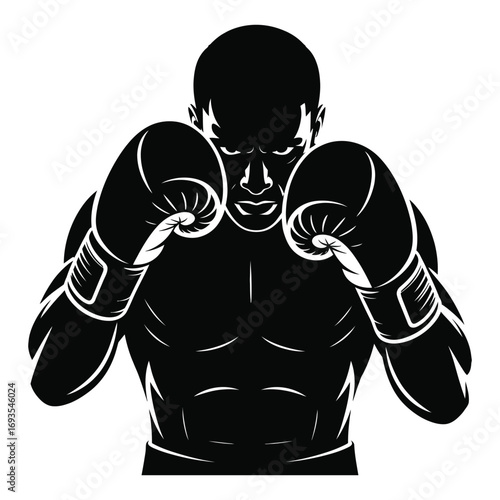 Intense boxer silhouette in fighting stance ready for combat