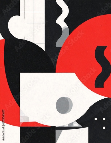 Abstract shapes in red, black, and white