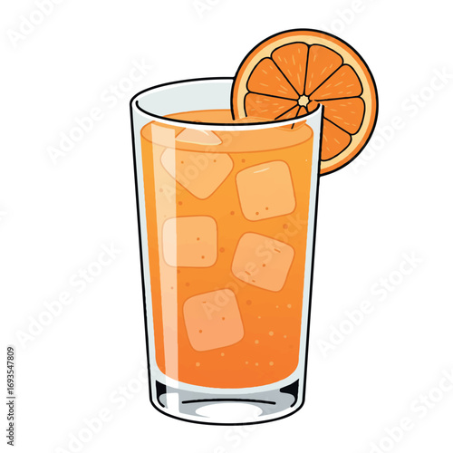A refreshing tall glass of freshly squeezed orange juice with ice cubes and a vibrant orange slice on the rim, presented as a clean 2D flat vector illustration on a bright white background.