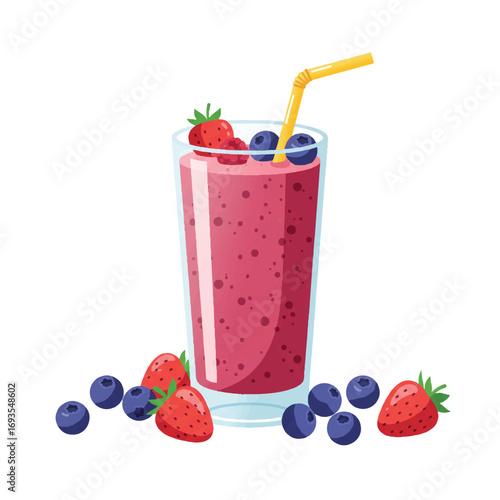 Vibrant flat 2D vector of a tall fruit smoothie in a clear glass, with colorful straw and fresh berries, surrounded by scattered strawberries and blueberries on white.