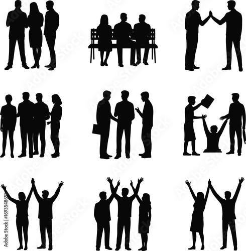 Silhouette people interaction, social gesture icon, teamwork celebration, handshake, high five, communication pose, emotional expression, unity, friendship, group activity