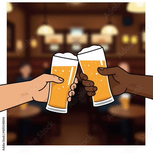 A vibrant flat 2D vector illustration shows two hands clinking beer glasses in a celebratory toast, with a softly blurred pub atmosphere in the background, conveying friendship and shared joy.