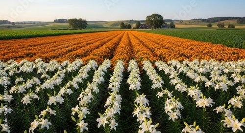 Wallpaper Mural Vibrant panorama showcasing flower cultivation with orange lilies and white lilies field Torontodigital.ca