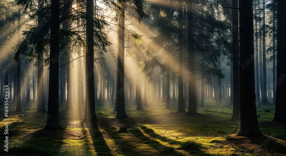 Obraz premium Sunlight filtering through a dense forest canopy creates a serene and ethereal atmosphere