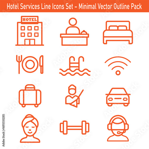 Hotel Services Line Icons Set | Minimal Vector Outline Pack for Hospitality, Travel, and Tourism
