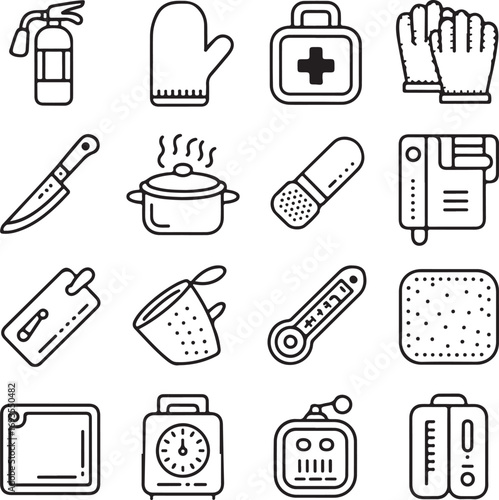 Collection of black and white line art icons for kitchen and safety items vector
