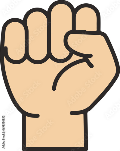 Illustrative design of a powerful clenched human fist, embodying concepts of strength, determination, unity, protest, and revolution with a clean, vector aesthetic