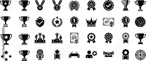 Award icons, achievement symbols, trophy, medal, ribbon, certificate, podium, crown, star, recognition, success, competition, vector design, excellence