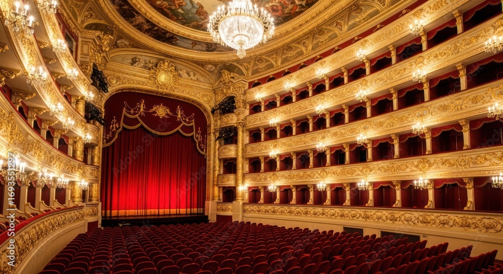 Fototapeta premium Luxurious theater interior showcasing opulent architecture with golden details and plush red seating