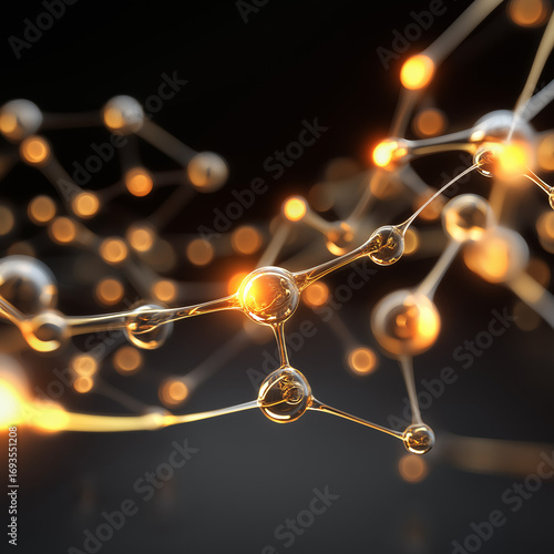 Abstract glowing molecules connected by golden nanowires, light