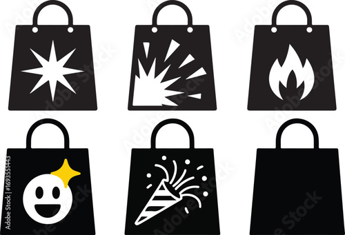 Shopping Bag.Shopping Bags with Emoji Party and Fire Icons – Online Store Promotion Sale Vector Illustration
