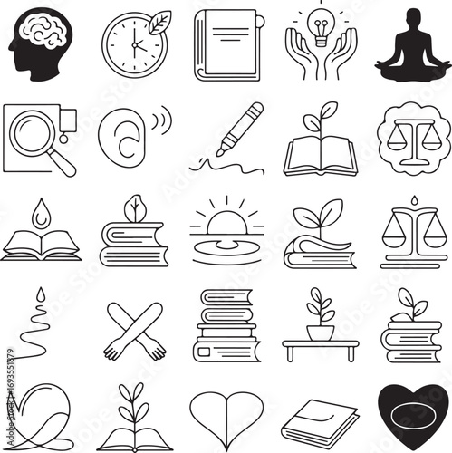 Collection of black and white line art icons representing knowledge growth and well-being learning