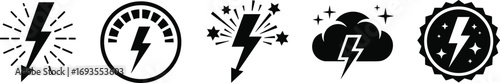 Lightning bolt icons, energy symbols, power emblem, electric charge, thunderstorm design, electricity badge, speed gauge, burst effect, cloud lightning, black silhouette
