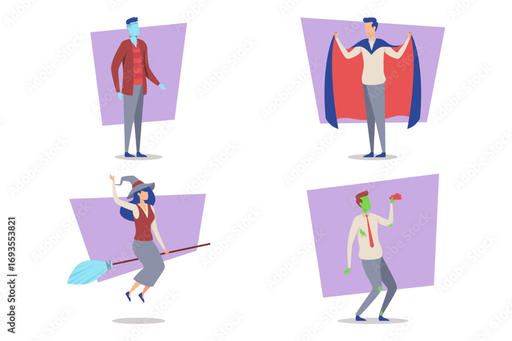 Various characters dressed in Halloween costumes engaged in festive activities. Halloween festival with friends concept Various characters dressed in Halloween costumes engaged in festive activities. Halloween festival with friends concept