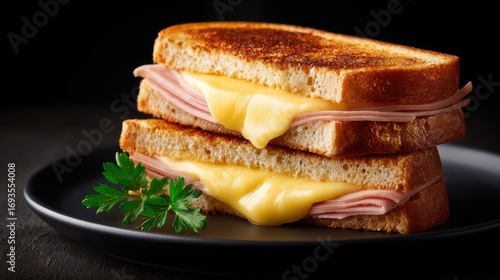 Delicious grilled cheese sandwich with ham and melted cheese served on a black plate with herbs, close-up of a hot toasted sandwich with gooey cheese and savory ham slices