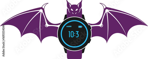 Purple bat with wings and a smartwatch displaying the time 1003 on a white background