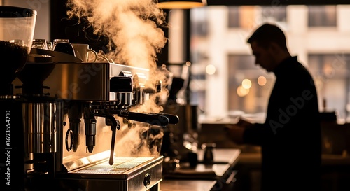 Professional barista making coffee with an espresso machine, creating steam in a cafe setting