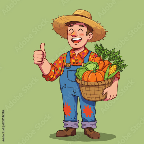 A cheerful farmer in floral red shirt and patched overalls holds a basket of vegetables and gives a thumbs-up.