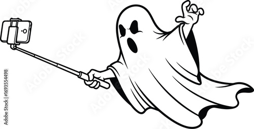 Cartoon ghost takes a selfie with a smartphone on a stick against white background