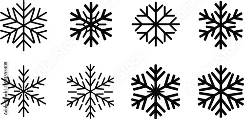 Snowflake icons, winter symbols, cold season graphics, symmetrical snowflakes, black snowflake set, icy patterns, holiday design elements, frozen shapes, decorative flakes, vector snowflakes