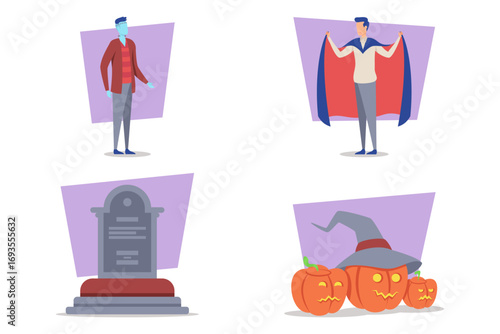 Collection of Halloween-themed illustrations featuring ghostly figure, grave marker, man in cape, and carved pumpkins with witch hat. Perfect for festive decoration and parties