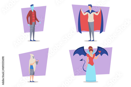 Vibrant collection of diverse characters dressed up for Halloween. Individuals engaged in creative festivities, displaying their unique costumes in joyful celebration