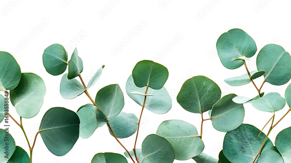 Obraz premium Eucalyptus Branches with Round Leaves on White Background, Botanical Fresh Foliage