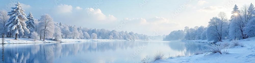 Fototapeta premium Serene winter landscape, snow-covered trees and frozen lake under a clear sky Perfect for winter wonderland, nature, and seasonal themes , subarctic, cold weather, rural