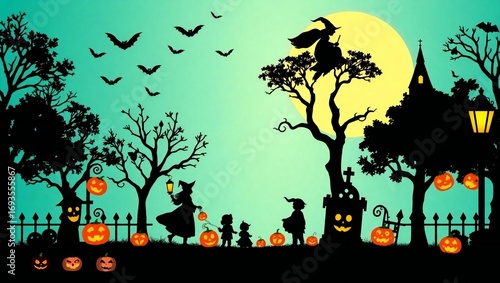 Spooky halloween scene with children trick or treating under a full moon