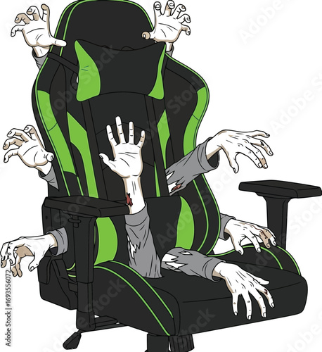 Zombie hands reaching from a green and black gaming chair spooky and eerie art