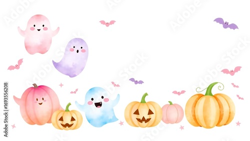 Cute watercolor halloween characters with pumpkins and ghosts for festive design