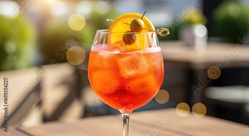 Refreshing Summer Cocktail with Orange Slice and Cherries on a Sunny Day