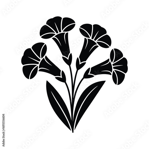 Stylized black and white illustration of a cluster of bell flowers