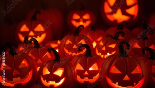 Many glowing carved halloween pumpkins with spooky faces in the dark