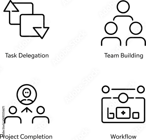 A collection of four business management line icons for task delegation, team building, project completion, and workflow.